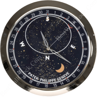 Patek Philippe wall clock with a metallic frame, navy celestial dial, gold stars, moon phase, compass markings, white hands, and elegant detailing.