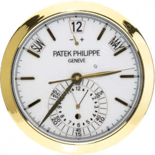 rolex well clock showing a Patek Philippe Geneve timepiece with gold rim, white dial, day and month indicators, and multiple hands