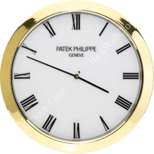 Patek Philippe wall clock with Roman numerals and gold rim, rolex well clock