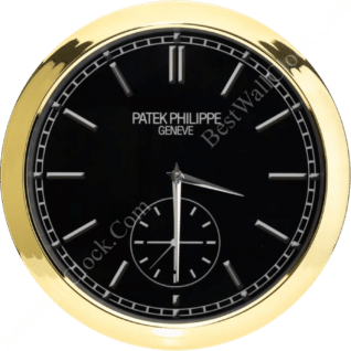 Rolex well clock showing a Patek Philippe Geneve wall clock with a black face and gold frame, displaying the time as 3:30.
