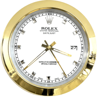 Close-up of a Rolex Oyster Perpetual Datejust clock with a golden frame, white dial, diamond hour markers, and gold hands showing the time as approximately 3:39:27.