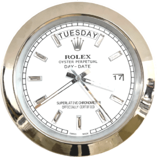 Close-up of a round Rolex Oyster Perpetual Day-Date watch face with a white dial, silver hour markers, and silver hands indicating the time at 10:39:38, showing the day as Tuesday and the date as 17.